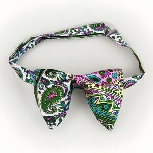 Handmade Lime Green/Pink‎ Paisley Bow tie Vintage style 70`s Pretied Formal